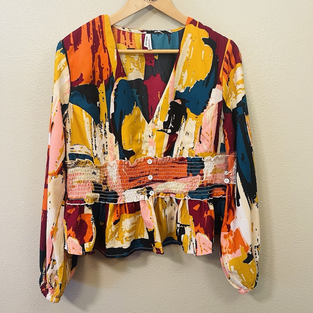 NEW Live For Truth Maximalist Colorful Peplum Top Smocked Artsy Size 1X